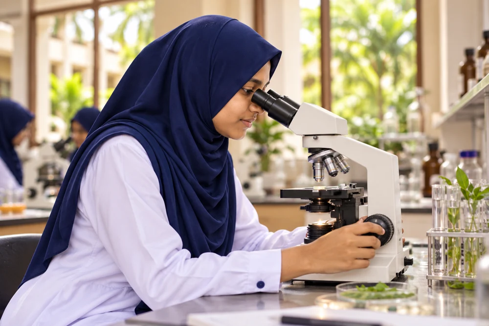 Sri Lankan Muslim students in navy hijabs and white uniforms at campus
